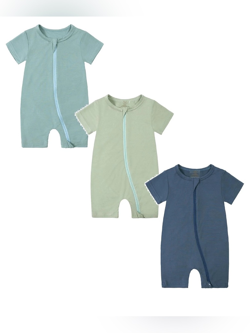 Baby Bamboo Short-Sleeve Double Zipper Rompers - Blue, Sage & Teal - 3 Pack